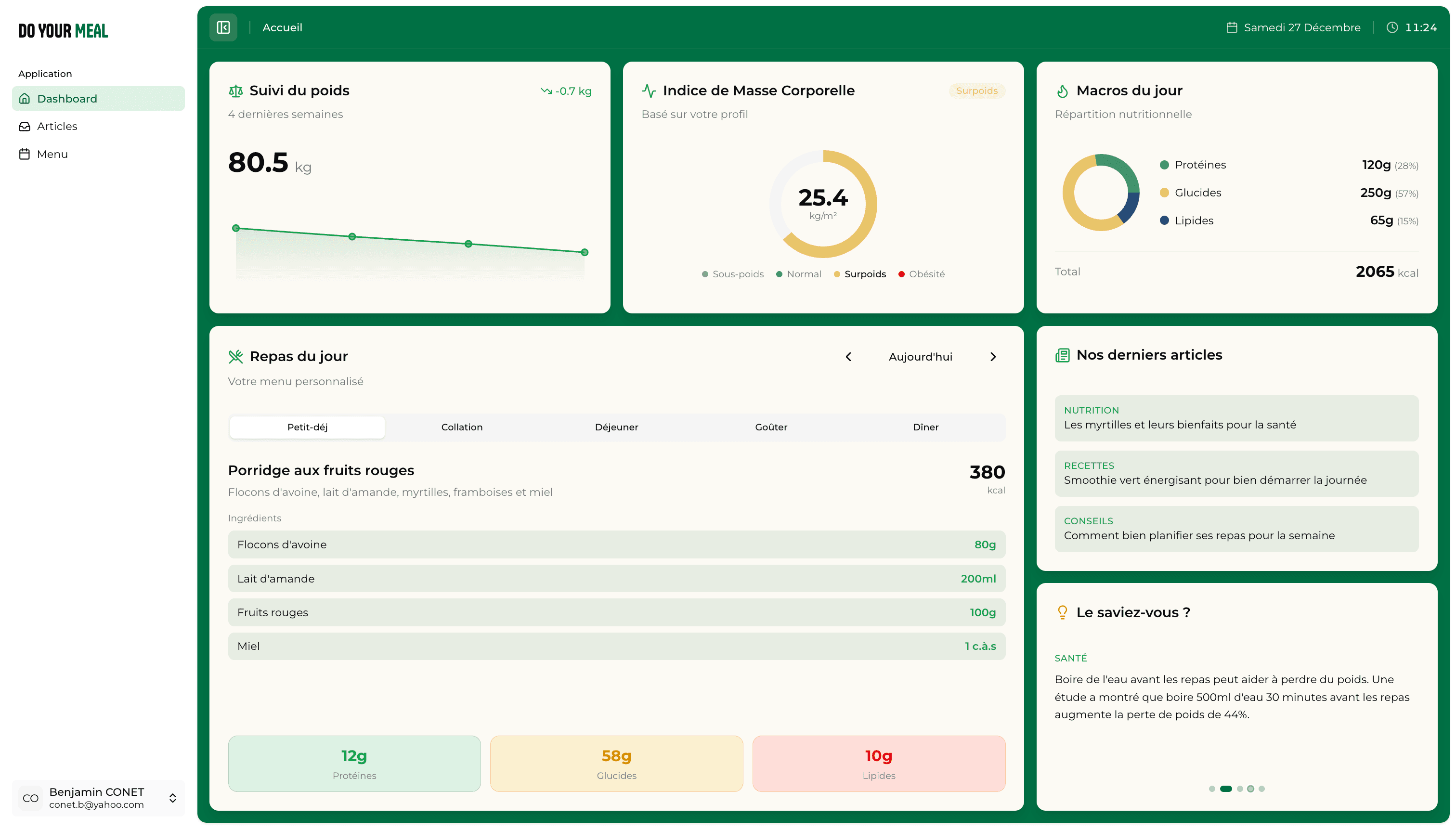 Dashboard Do Your Meal - Votre plan alimentaire personnalisé